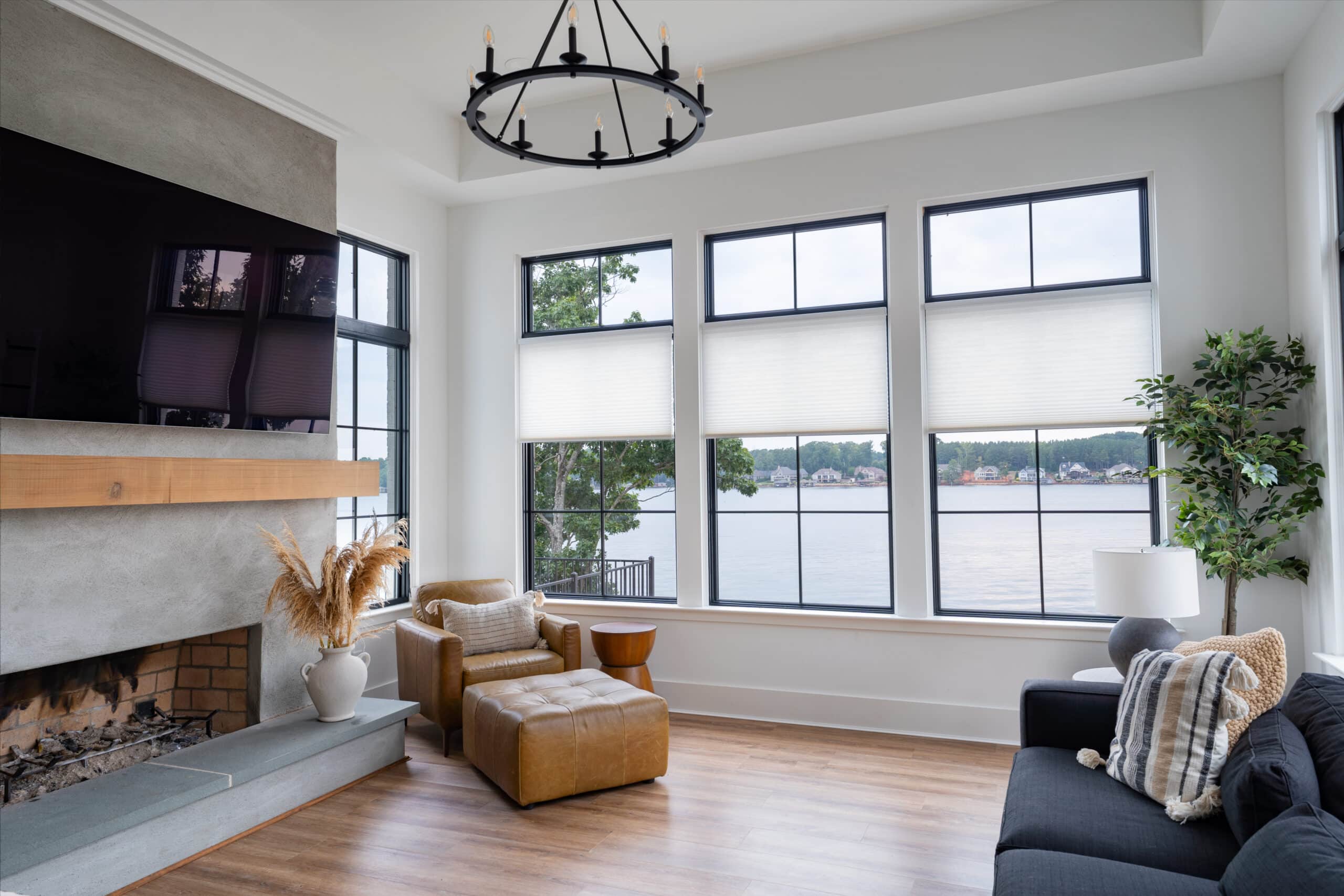 living room with white applause honeycomb shades charlotte nc