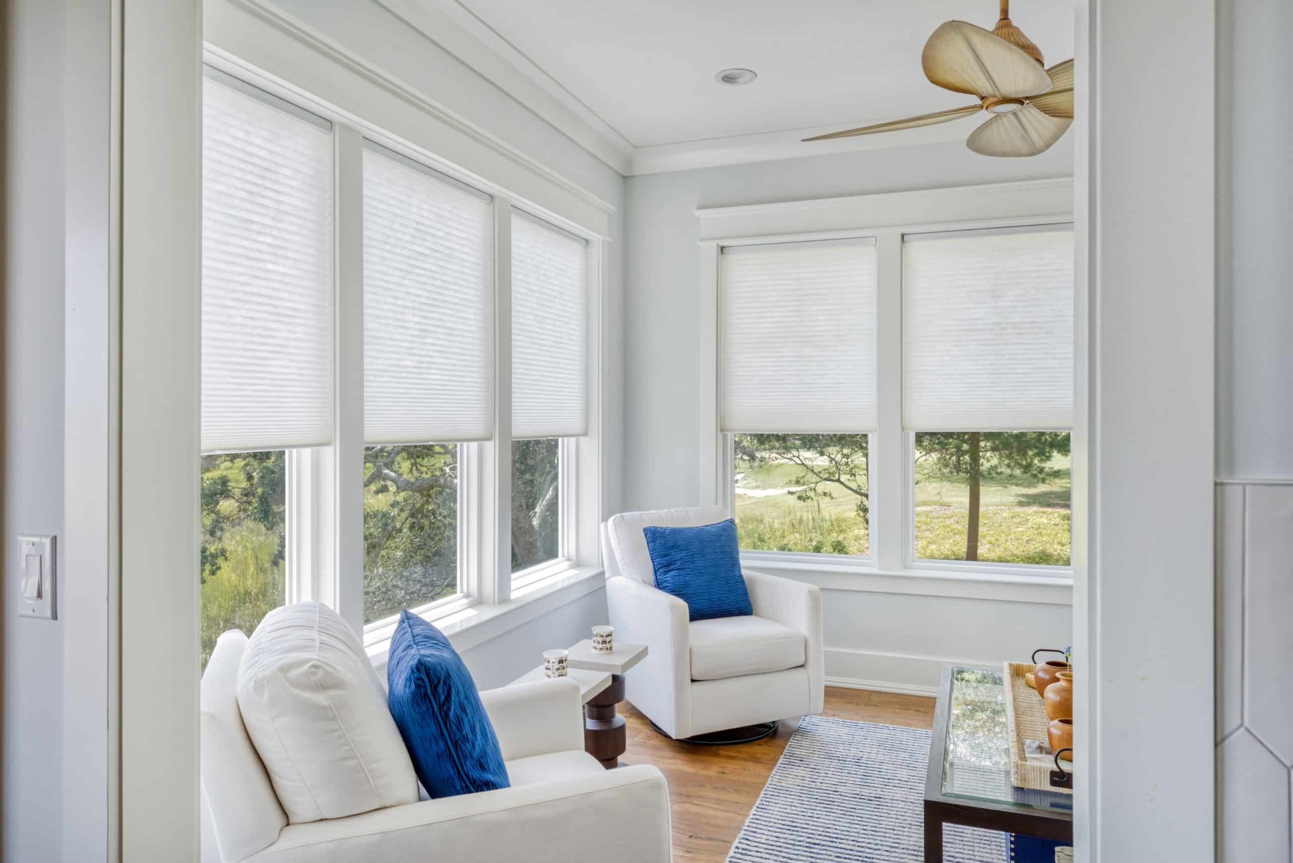 Duette honeycomb shades providing energy efficiency, glare control and UV protection in a Carolina sitting room