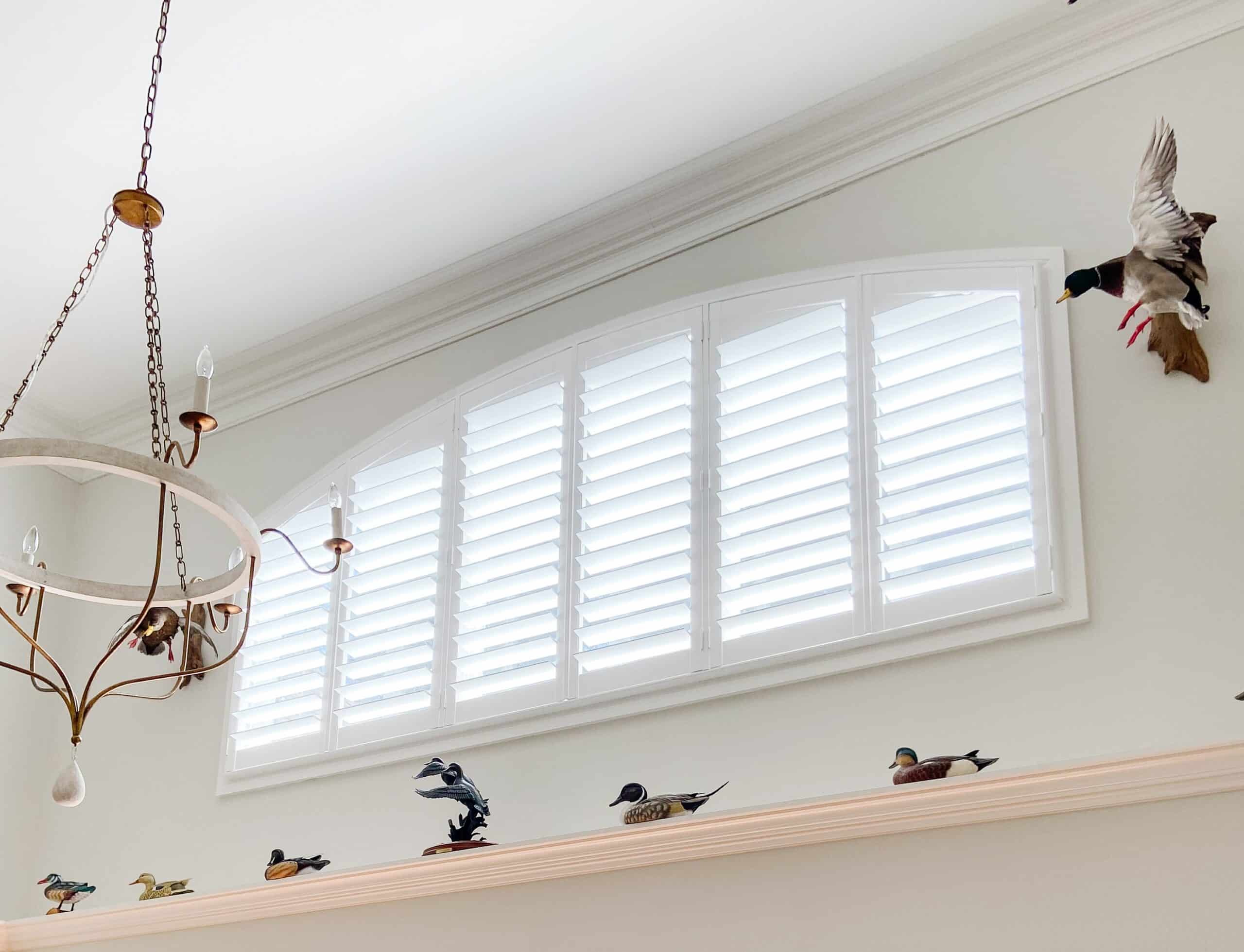 Second-story living room featuring an expansive six-panel window adorned with white shutters, complemented by wall decor consisting of hanging ducks.