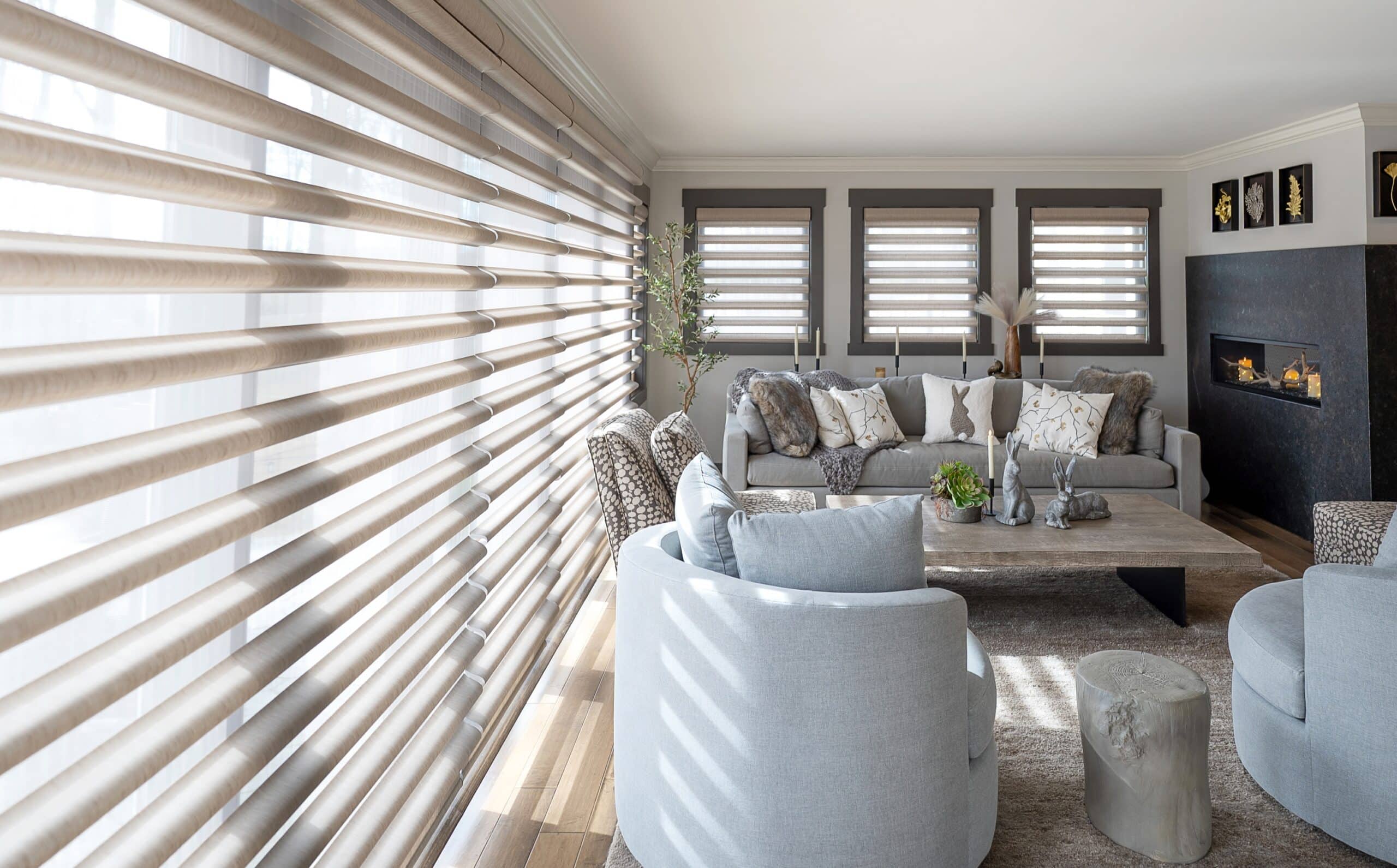 A living space illuminated by light filtering through Pirouette window shades