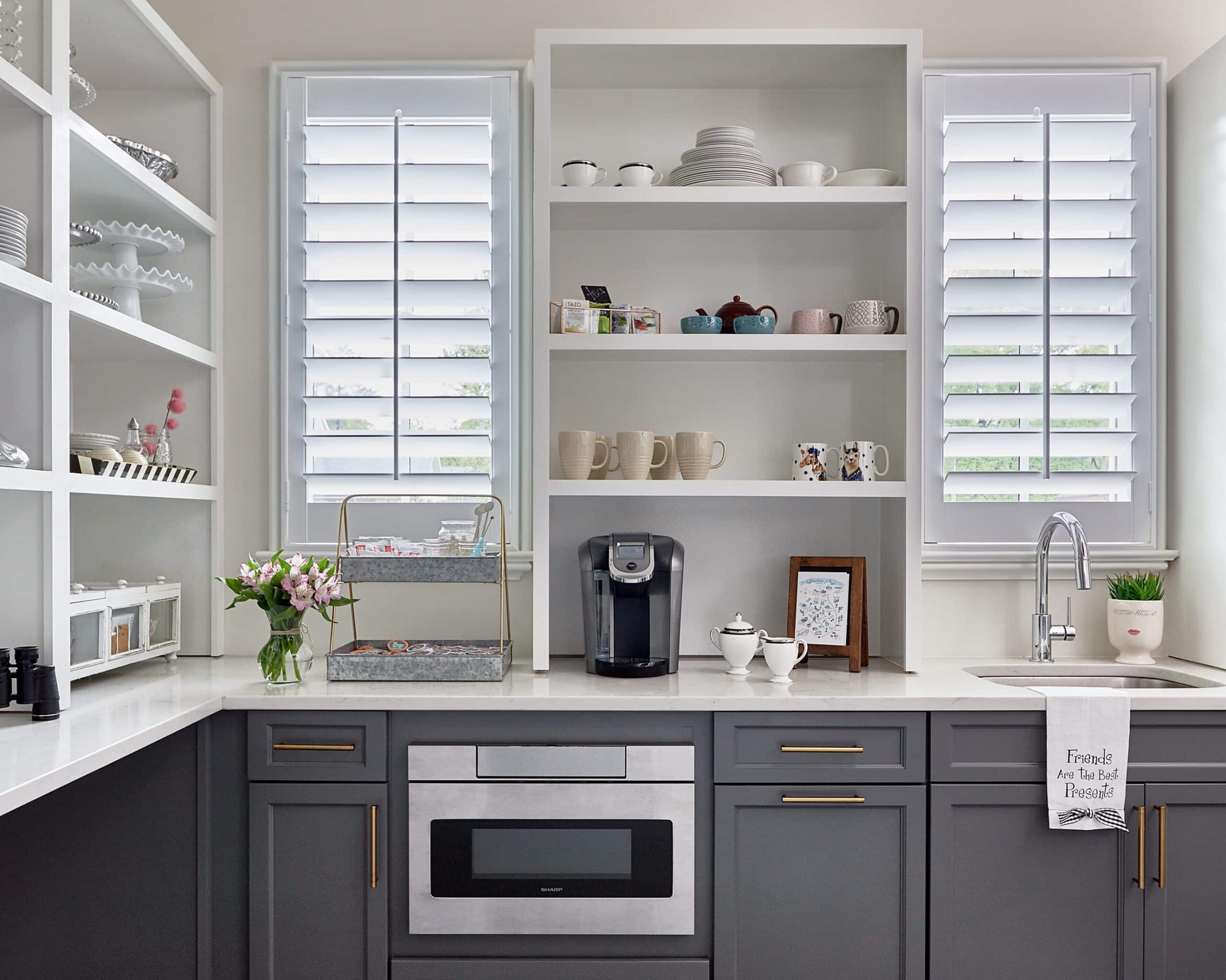 A coffee nook with white plantation shutters