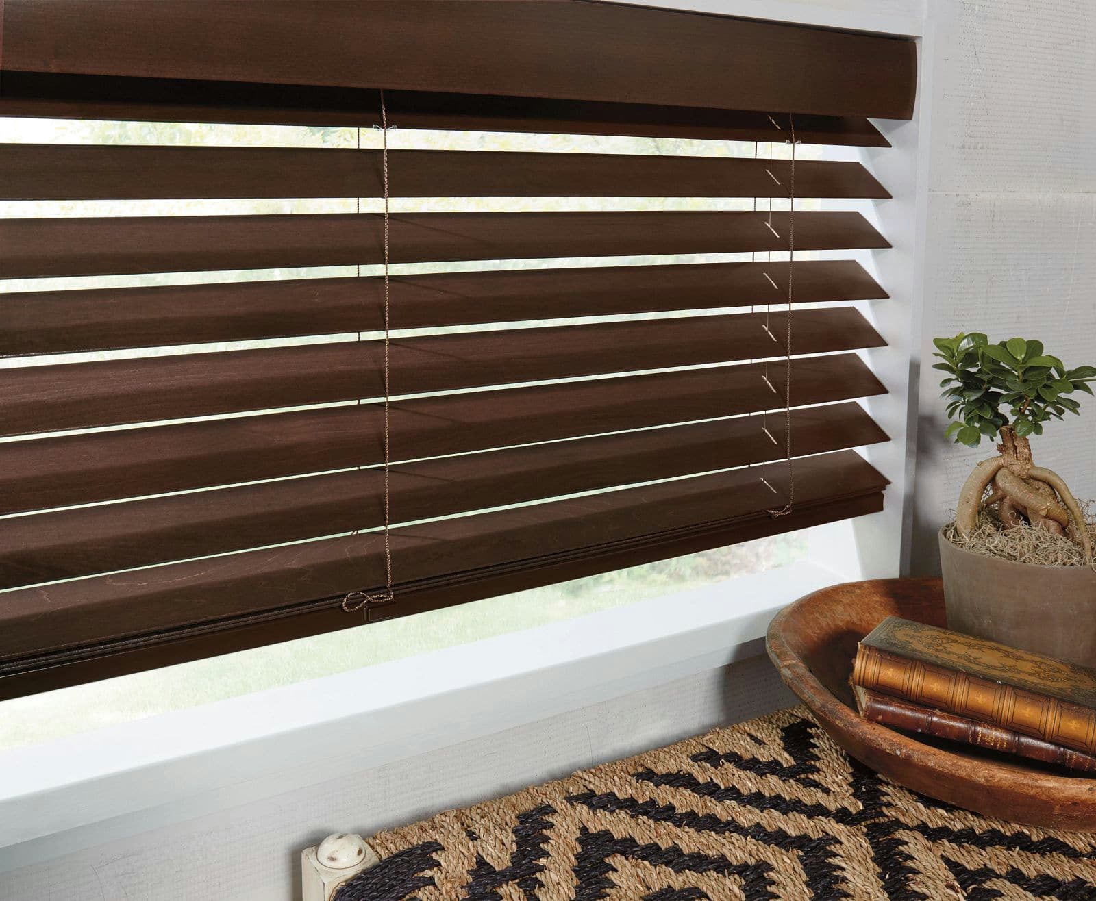 Brown Everwood Blinds hanging in a ktichen Charlotte NC