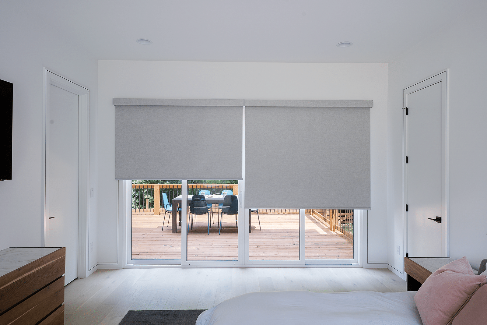 Blackout motorized shades in a guest bedroom in a home near SouthPark, Charlotte NC