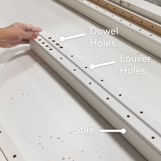 A diagram points out dowel holes and louver holes in a shutter stile