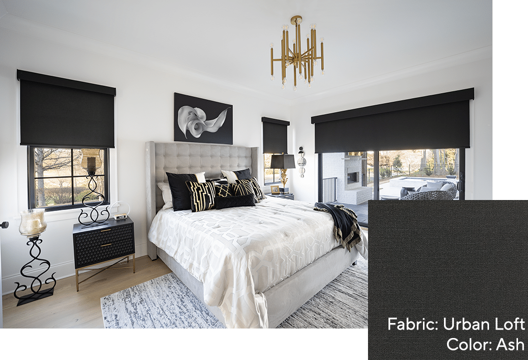 A Modern Bedroom with Black Hunter Douglas Urban Loft Ash Roller Shades