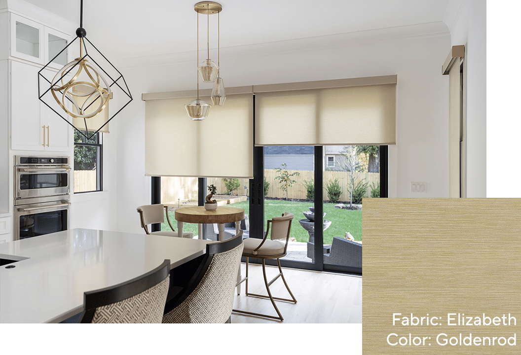 Modern kitchen with gold roller shades and black sliding door