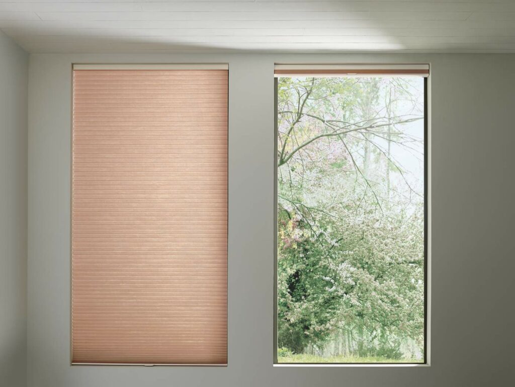 A side by side view of one closed honeycomb shade and one opened shade