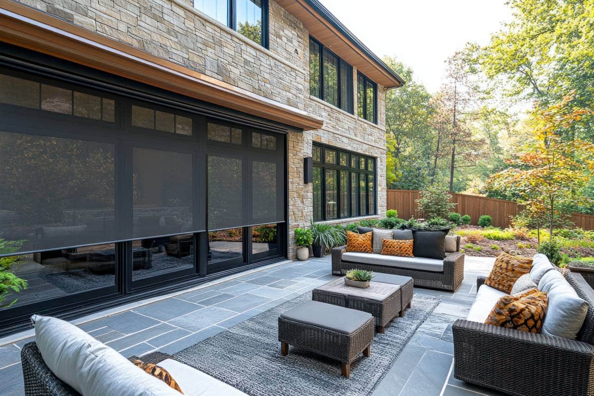 Exterior shades on a home with a decorated and furnished patio at A Shade Above Window Fashions near Charlotte and Cornelius, NC & North Myrtle Beach, SC