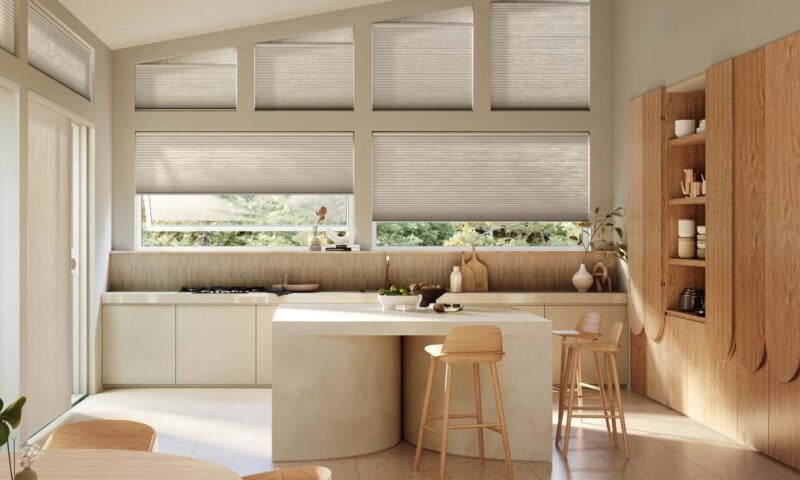 energy efficient honeycomb shades on angled windows in a Carolina kitchen