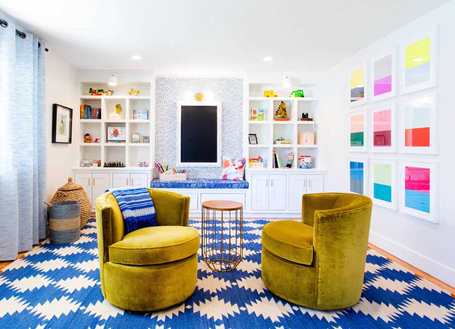 colorful den with personality and charming details of design