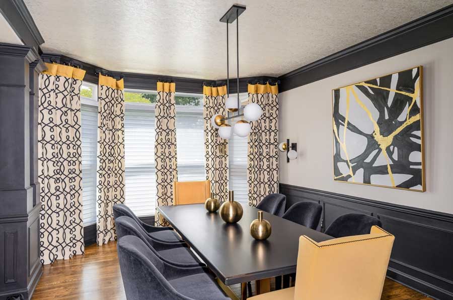 dining room window treatments showcasing custom drapery in black white and yellow design and sheer shades in Charlotte NC