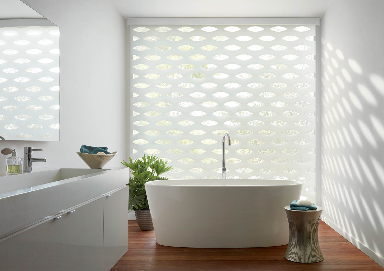 Designer Banded Shades offer sheer and solid fabric shades that rotate for control