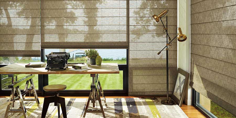 black trim windows with shades in modern Charlotte home