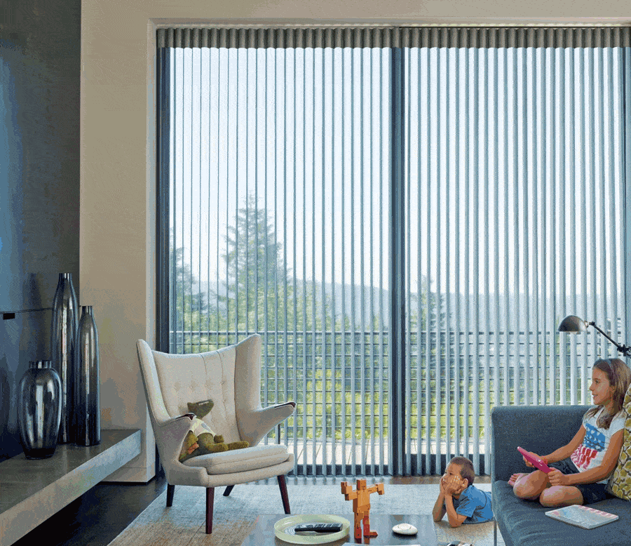 Luminette privacy sheers on sliding glass doors for glare control and UV protection in Carolina homes