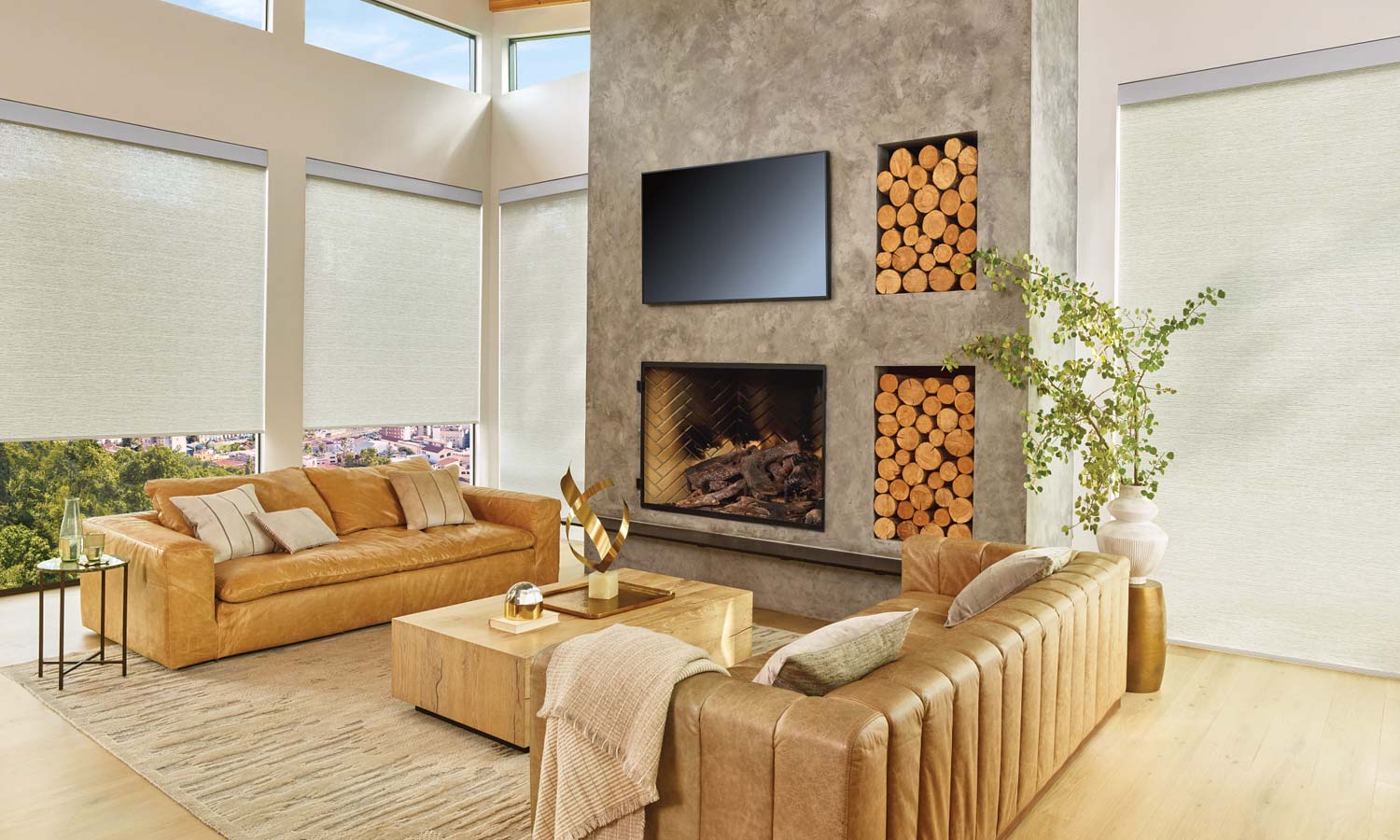 Motorized roller shades reducing glare and UV exposure on large living room windows in a Carolina home