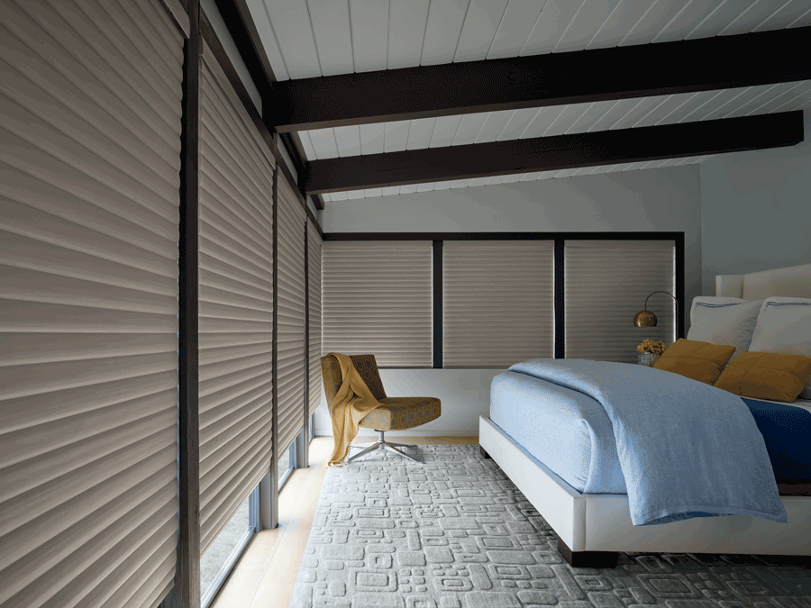 bedroom with wall-to-wall windows covered with motorized shades