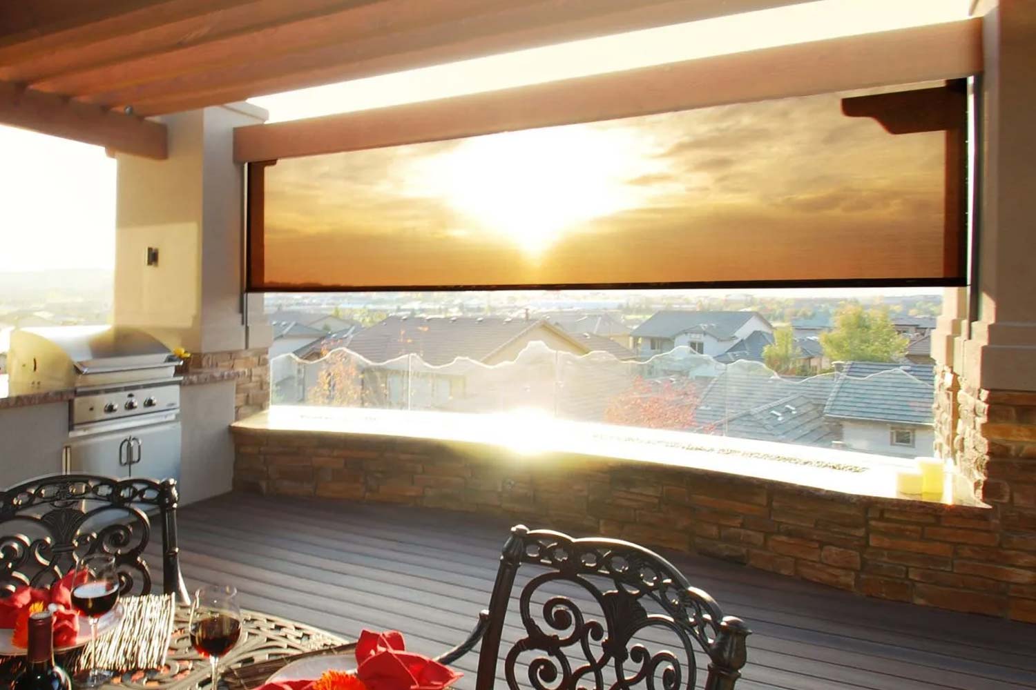 Motorized patio shades providing shade and sunset protection for a Carolina outdoor living space