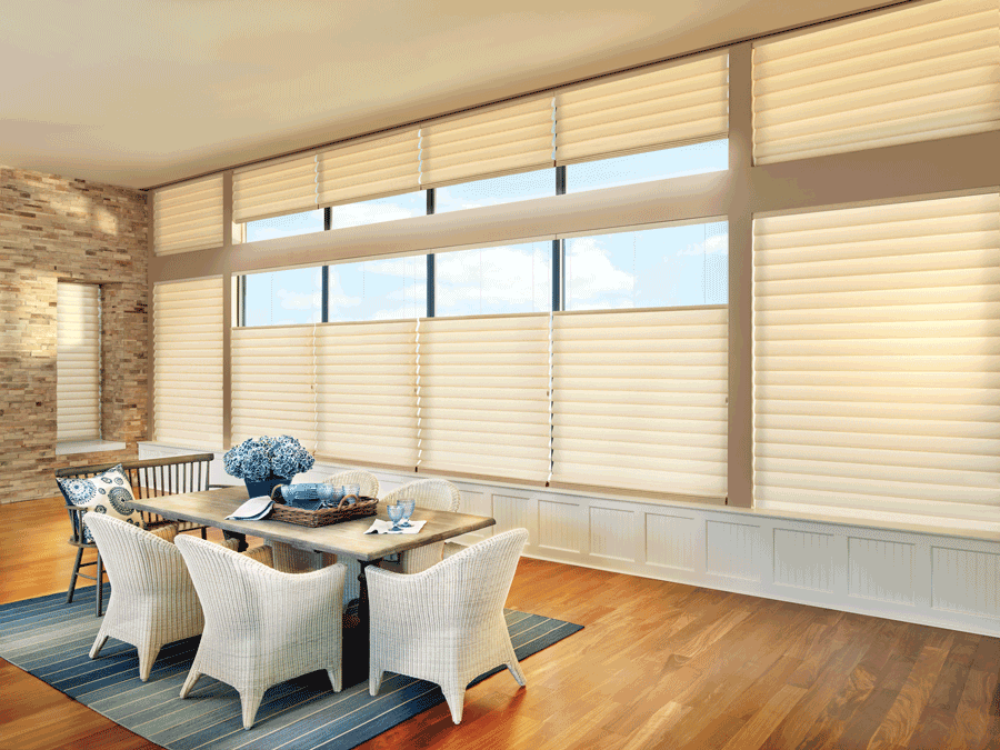 Vignette Roman shades filtering sunlight and reducing glare in a bright Carolina dining room