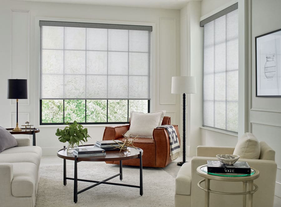 Designer solar shades reducing glare and protecting a bright Carolina living room from UV rays