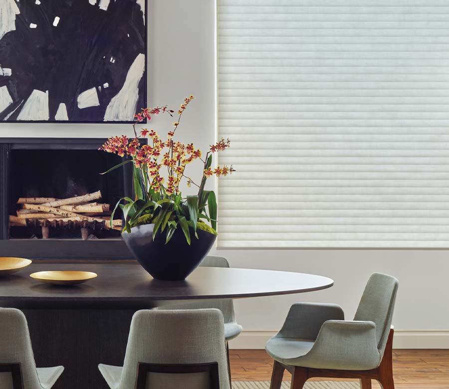 sonnette-cellular-roller-shades-dining-room-wide-window-light-filtering-gray-aero-drapery-and-blind Sonnette® Cellular Roller Shades