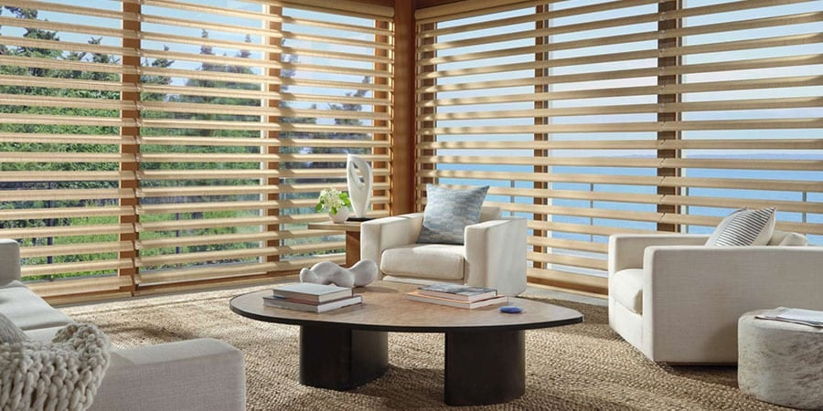 Pirouette® shades on large living room windows with an outdoor view